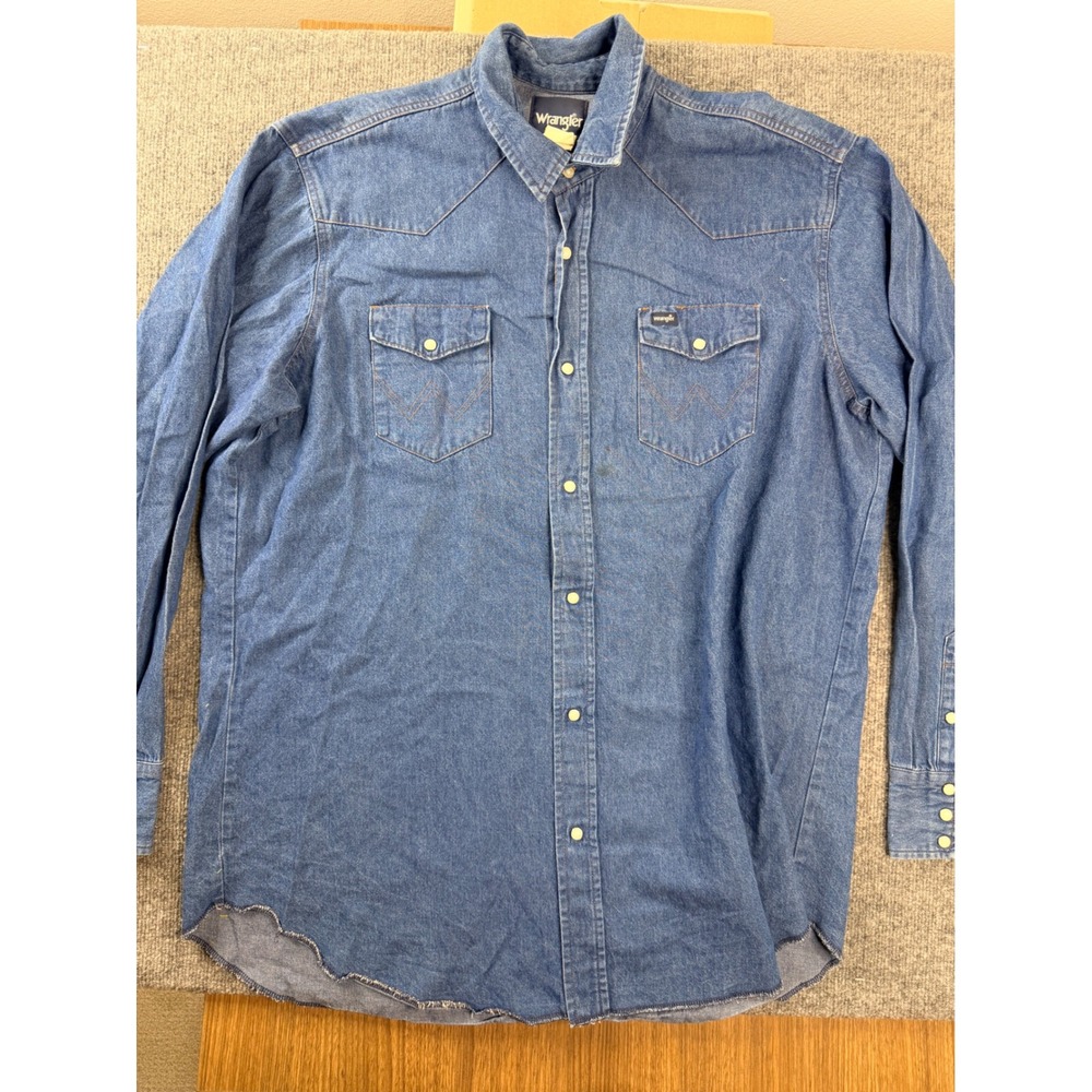 Wrangler Mens Blue Denim Western Shirt XL Pearl Snap Y2K Workwear Faded Shirt